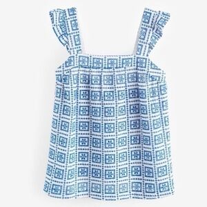 Next Embroidered Eyelet Blue White Ruffled Tank Top